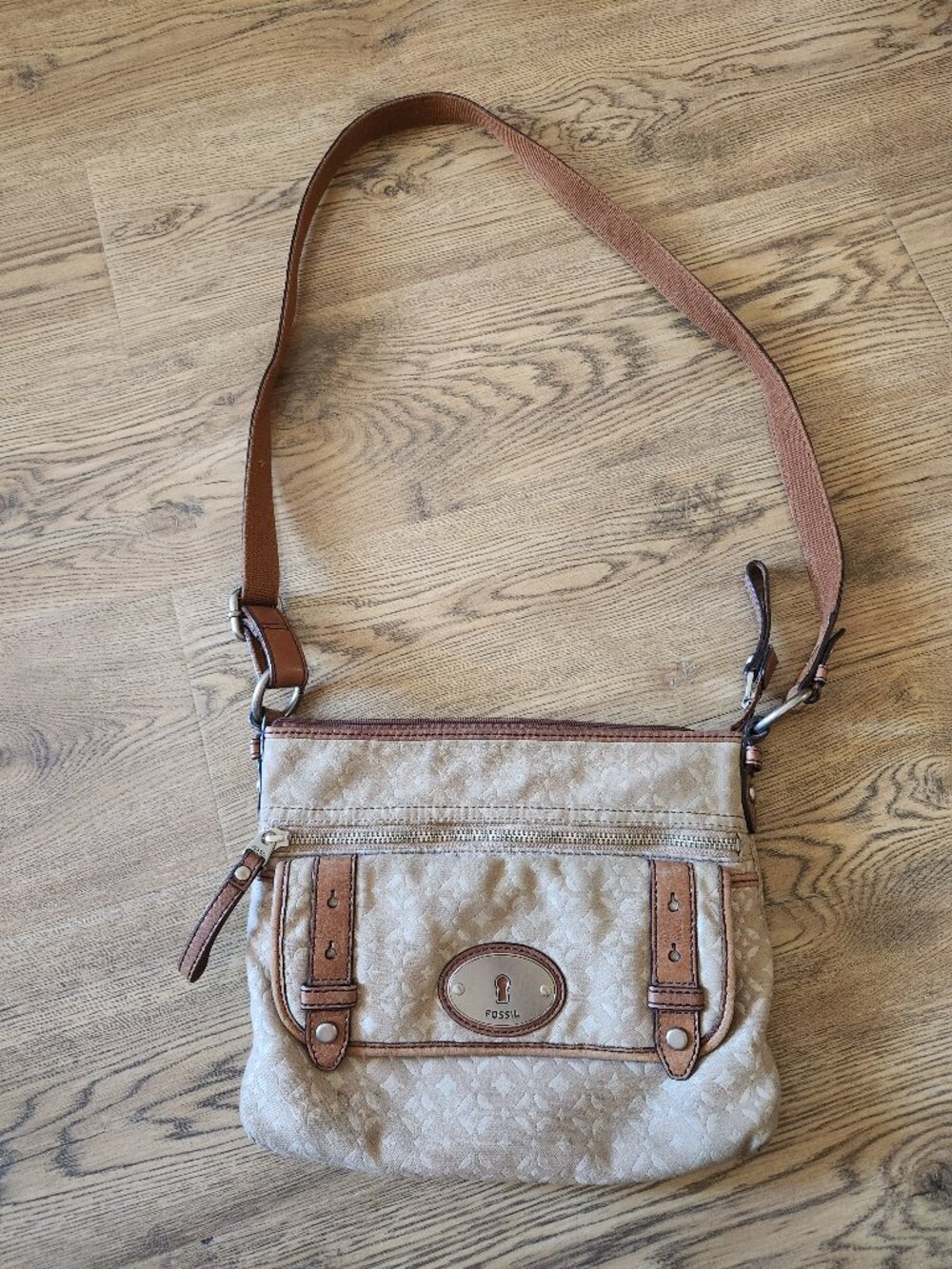 Vintage Fossil Leather Canvas Maddox Crossbody Bag Purse